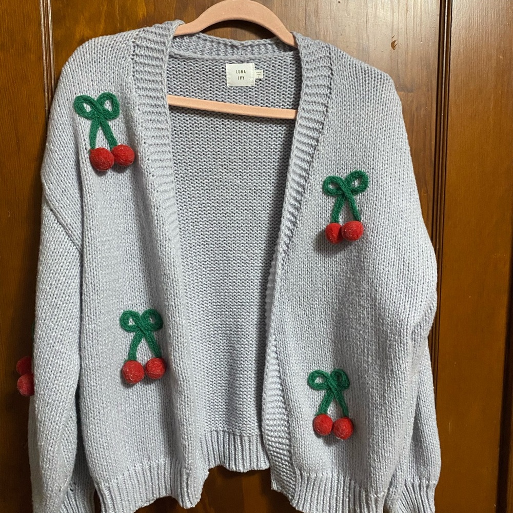 Gray Cardigan with Red and Green Cherry Details